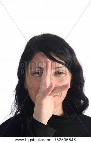 Woman making mockery on a white backrogund