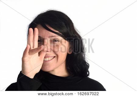 Woman making mockery on a white backrogund