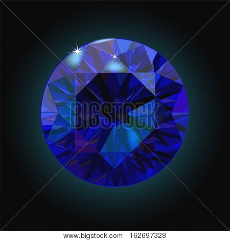 Sparkling sapphire on black background. Dark blue crystal. Vector illustration