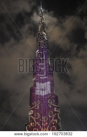 DUBAI, UAE - DEC 9: The LED lights show at Burj Khalifa in Dubai, UAE, as seen on Dec 9, 2016. The show titled Ascension was created by London-based Yusuke Murakami and Tangent Design and Invention.