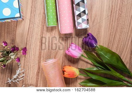 florist desktop with working tools and materials