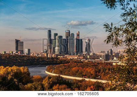 Autumn view from the observation deck on Vorobyovy Gory to the Moskva River and high-rise buildings Moscow City