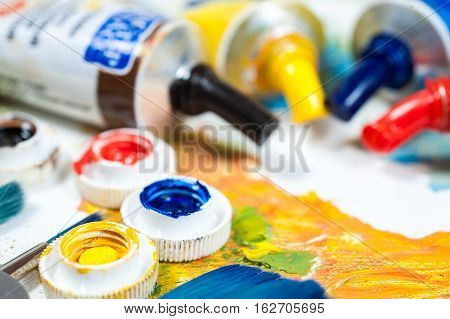 Oil paints art workshop the concept of creativity and art therapy.