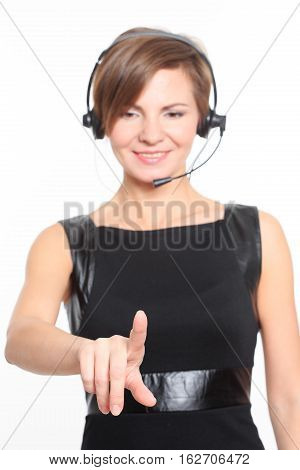 woman in front of visual touch screen.