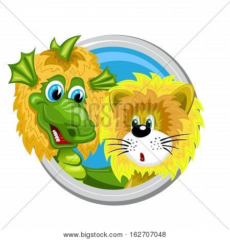 Leo. Zodiac sign. Horoscope. Dragon dressed like lion meets little lion
