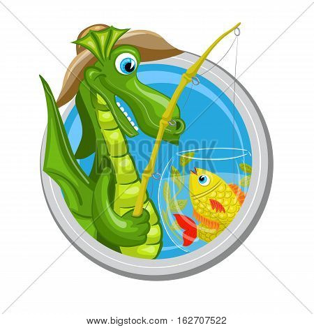 Pisces. Zodiac sign. Horoscope. Dragon fisherman is fishing in aquarium with fishes