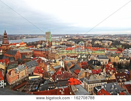 Panoramic view to the city center of old Riga from the Saint Peter's Church's tower, Latvia