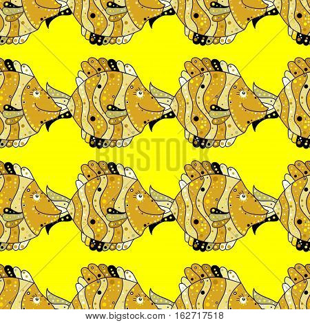 Drawn Cartoon Fish Seamless Pattern Nautical Vector Background. Abstract Yellow Fish In A Row On A Y