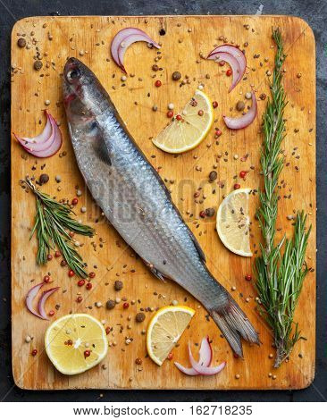 Fresh grey mullet fish lies on light wooden cutting board with lemon segments onion slices rosemary branches peppercorns pepper and other spices around. Top view.