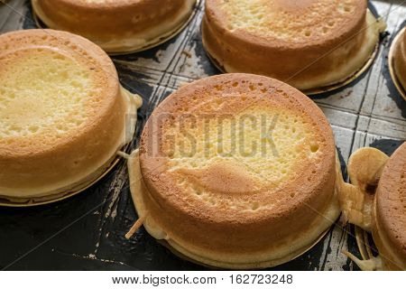 The group of Japanese red bean cake dessert on hole bean cake maker at food street market.