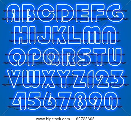 Glowing blue Neon Alphabet with letters from A to Z and digits from 0 to 9 with wires tubes brackets and holders. Shining and glowing neon effect. Every letter or digit is separate unit.