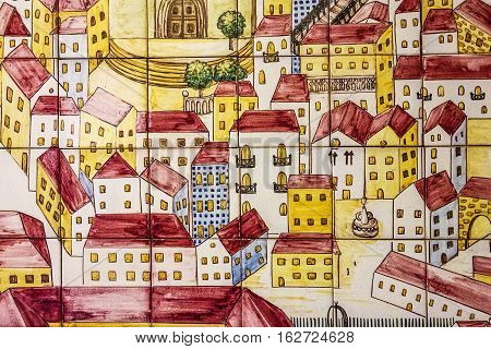 LISBOA, PORTUGAL - MAY 23, 2016: Ancient ceramic tile with Lisbon panorama in museum Azulejo, Lisbon, Portugal.