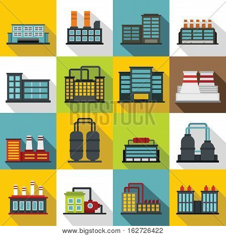 Industrial building factory icons set. Flat illustration of 16 industrial building factory vector icons for web