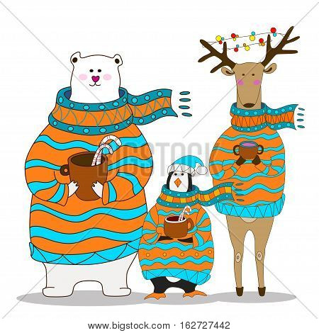penguin, bear and deer wearing scarf and pullover Christmas hat. vector