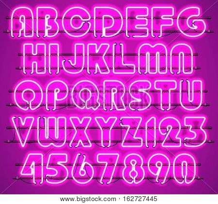Glowing Purple Neon Alphabet with letters from A to Z and digits from 0 to 9 with wires tubes brackets and holders. Shining and glowing neon effect. Every letter or digit is separate unit.