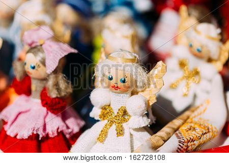 Colorful Belarusian Straw Dolls At Local Market. Straw Dolls Are Most Popular Souvenirs From Belarus And Symbol Of Country's Culture