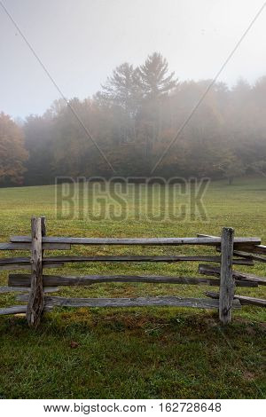Section of Split Rail Fence and Foggy Field along the Blue Ridge Parkway
