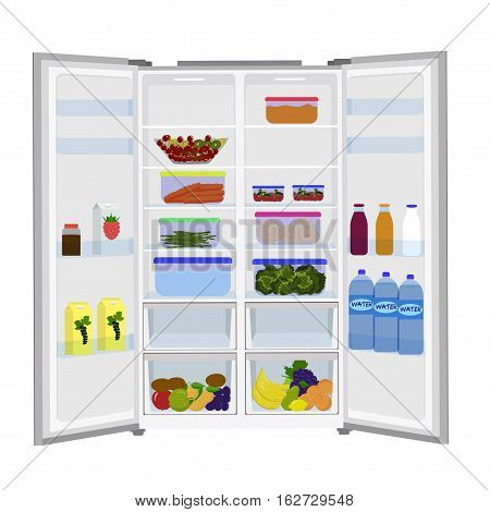 Open Fridge Full Of Fresh Fruits And Vegetables
