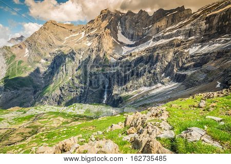 Scenic view of famous Cirque de Gavarnie with Gavarnie Fall in Pyrenees National Park.