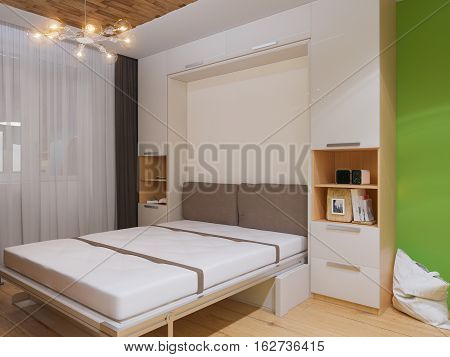 3d illustration of interior design living room with bed wardrobe. Interior is made in modern minimalist style