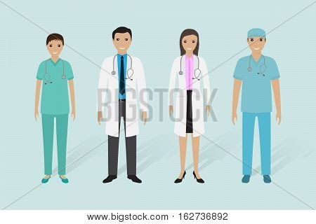 Medical staff group. Male and female doctors nurse medical orderly. Flat style vector illustration.