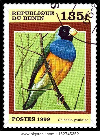 STAVROPOL RUSSIA - October 31 2016: A stamp printed by Benin shows bird an Chloebia Gouldiae circa 1999