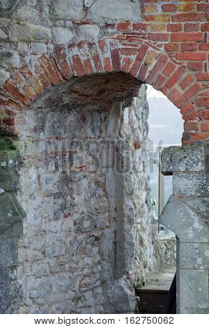Part brick and part flint arch at Farnham castle