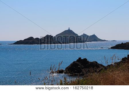 seascape and lighthous on background Ajaccio Corsica France