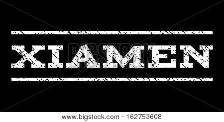 Xiamen watermark stamp. Text tag between horizontal parallel lines with grunge design style. Rubber seal stamp with scratched texture. Vector white color ink imprint on a black background.