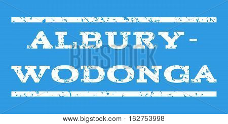 Albury-Wodonga watermark stamp. Text tag between horizontal parallel lines with grunge design style. Rubber seal stamp with dust texture. Vector white color ink imprint on a blue background.