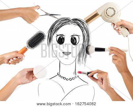 Girl drawn made up and coiffed by many hands