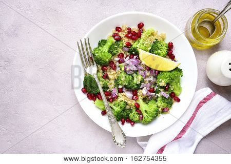 Quinoa Salad With Broccoli,red Onion And Pomegranate.top View.