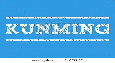 Kunming watermark stamp. Text caption between horizontal parallel lines with grunge design style. Rubber seal stamp with unclean texture. Vector white color ink imprint on a blue background.