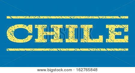 Chile watermark stamp. Text caption between horizontal parallel lines with grunge design style. Rubber seal stamp with dust texture. Vector yellow color ink imprint on a blue background.