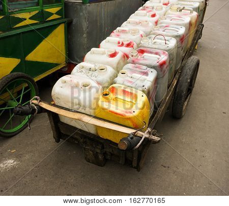 Selling cooking oil in Jerry Can captured in one of traditional market in Bogor Indonesia java