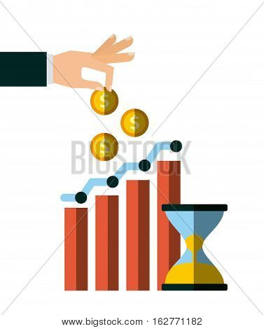 graphic charts and hand holding a gold coins and sandclock icon over white background. colorful design. vector illustration