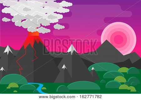 Great volcano and mountains landscape flat designe