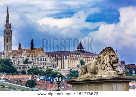 Chain Bridge Lion Matthias Church Fisherman's Bastion Budapest Hungary