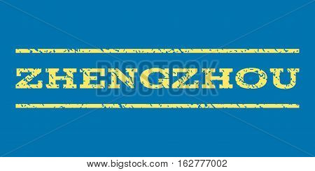 Zhengzhou watermark stamp. Text tag between horizontal parallel lines with grunge design style. Rubber seal stamp with dirty texture. Vector yellow color ink imprint on a blue background.