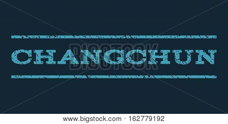 Changchun watermark stamp. Text caption between horizontal parallel lines with grunge design style. Rubber seal stamp with dust texture. Vector blue color ink imprint on a dark blue background.