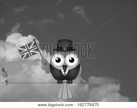 Monochrome businessman flying the flag for British Business against a cloudy sky