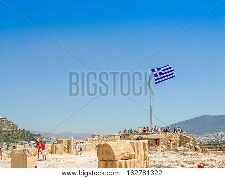 Greece Flag At The Parthenon Temple At The Acropoli