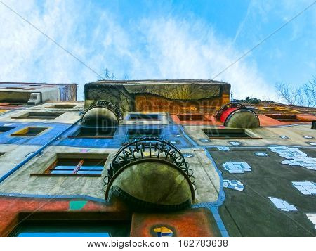 Vienna, Austria - January 02, 2015: A view of the outside of buildings in Hundertwasserhaus in Vienna during the day on January 02, 2015
