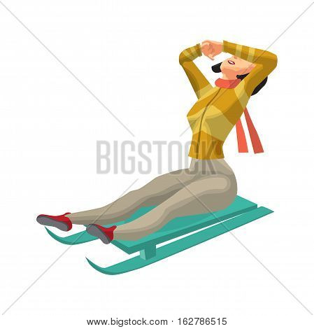 Pretty young woman riding a snow sled and closes eyes with her hands on isolated background. Flat cartoon vector illustration
