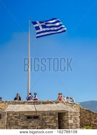 Greece Flag At The Parthenon Temple At The Acropoli