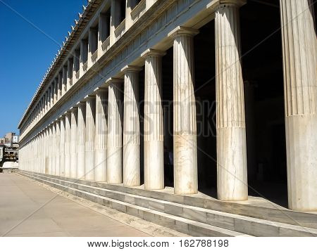Marble Columns In Atalo Stoa In Agora At Athens