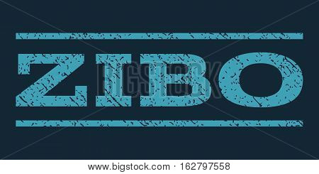 Zibo watermark stamp. Text tag between horizontal parallel lines with grunge design style. Rubber seal stamp with dust texture. Vector blue color ink imprint on a dark blue background.