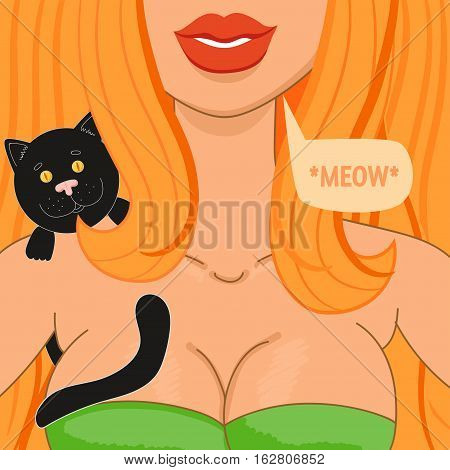Sexy red hair girl with a black cat and red lips. Meow. Female cute avatar.