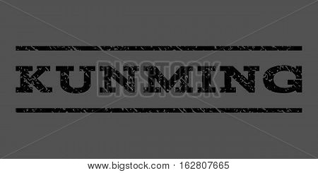 Kunming watermark stamp. Text caption between horizontal parallel lines with grunge design style. Rubber seal stamp with unclean texture. Vector black color ink imprint on a gray background.