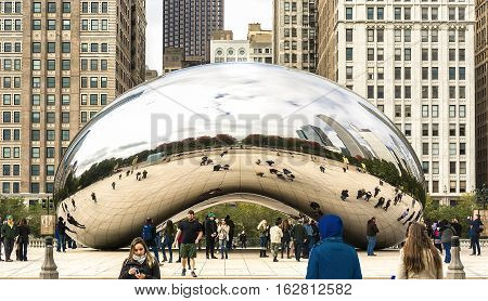 Chicago IL USA october 28 2016: Cloud Gate also known as the Bean is one of the parks major attractions. Admission is free.